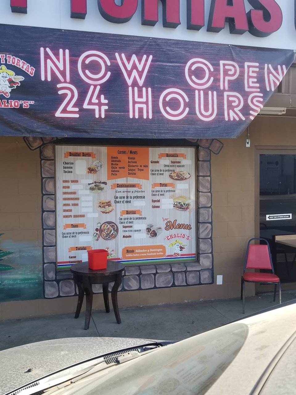 Breakfast and lunch options on a posted menu.